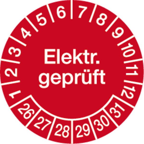 Prüfplakette, Elektr. geprüft, rot/weiß, Ø 30 mm, Folie - Bogen = 10 Plaketten