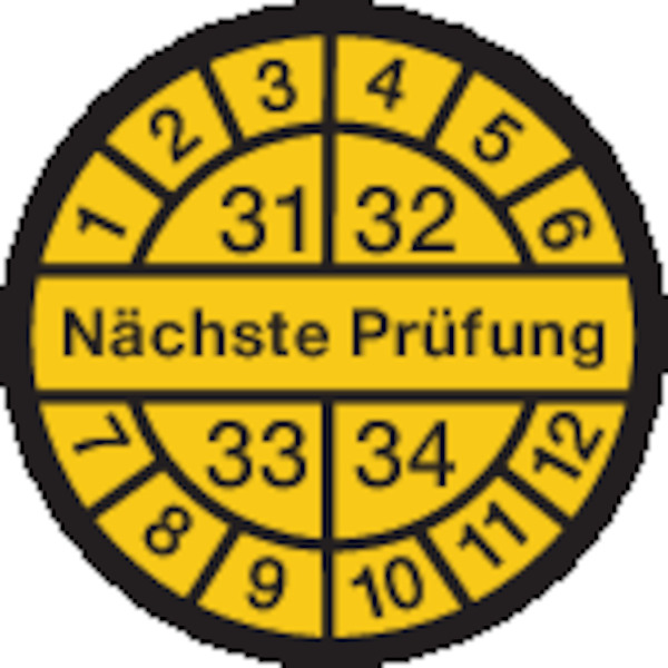 Prüfplakette, Nächste Prüfung, schwarz/gelb, Dokumentenfolie, Ø 12,5/30 mm - Bogen = 10 Plaketten