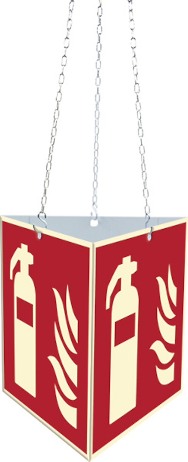 Brandschutzzeichen, Prismenschild Feuerlöscher zur Deckenmontage - ASR A1.3 (DIN EN ISO 7010)