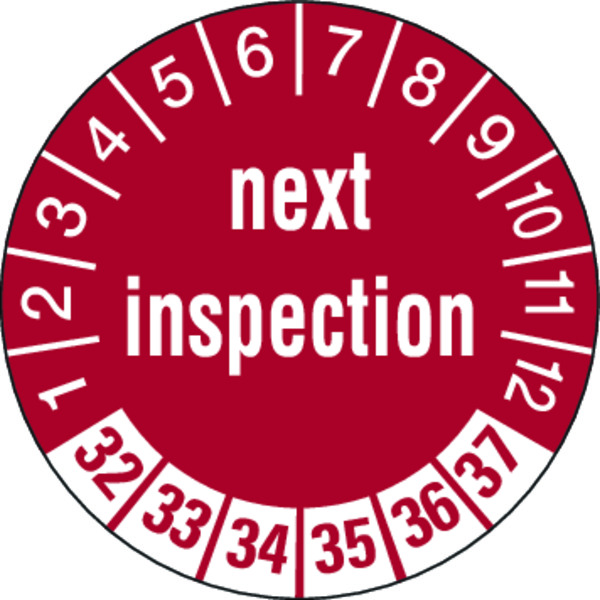Prüfplakette, next inspection, rot/weiß, Folie, Ø 30 mm - Bogen = 10 Plaketten