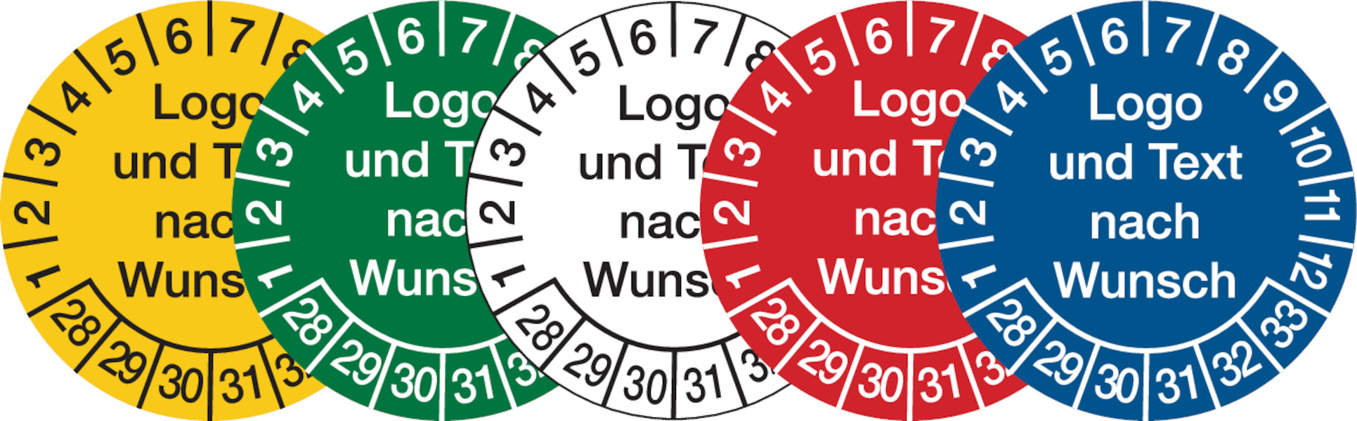 Prüfplaketten, Logo und Text nach Wunsch, Dokumentenfolie, Ø 20 - 40 mm - Bogen = 10 Stk.