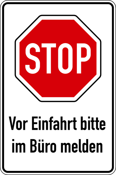 Parkplatzschild, STOP - Vor Einfahrt bitte im Büro melden, 900x600mm, Alu glatt