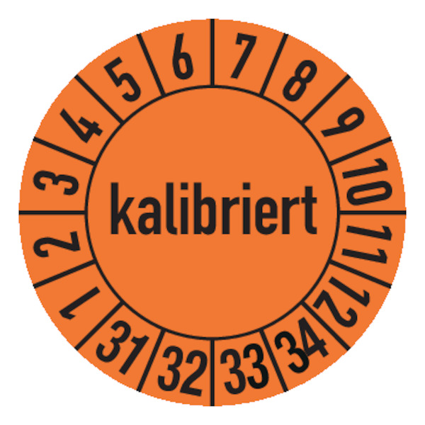 Prüfplakette, kalibriert, orange/schwarz, Folie, Ø 30 mm - Bogen = 10 Plaketten
