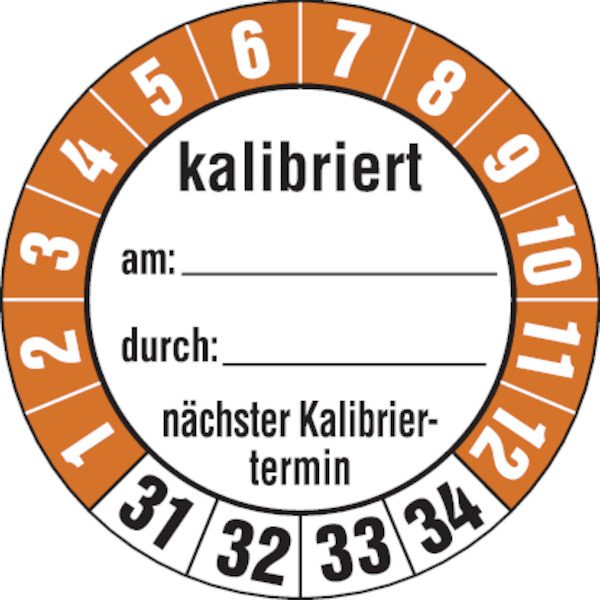 Prüfplakette, kalibriert nächster Kalibriertermin, Folie, Ø 35 mm - Bogen = 10 Plaketten