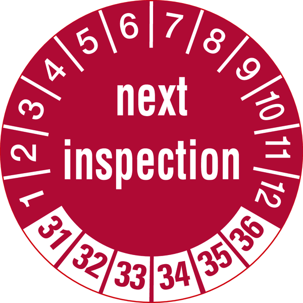 Prüfplakette, next inspection, rot/weiß, Folie, Ø 30 mm - Bogen = 10 Plaketten
