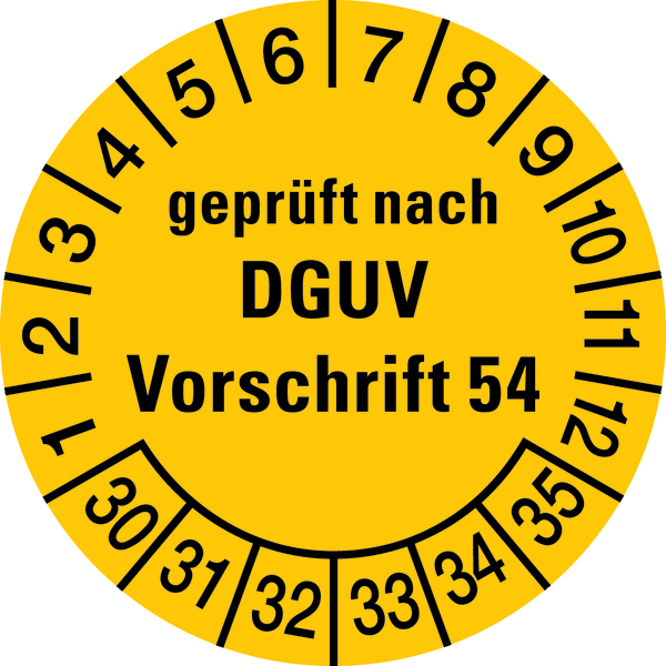Prüfplakette, geprüft nach DGUV Vorschrift 54, gelb/schwarz, Folie, Ø 30mm - Bogen = 10 Plaketten