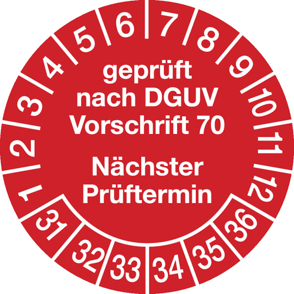Prüfplaketten, DGUV Vorschrift 70 Nächster Prüftermin, rot/weiß, Folie, Ø 30 mm - Bogen = 10 Stk.