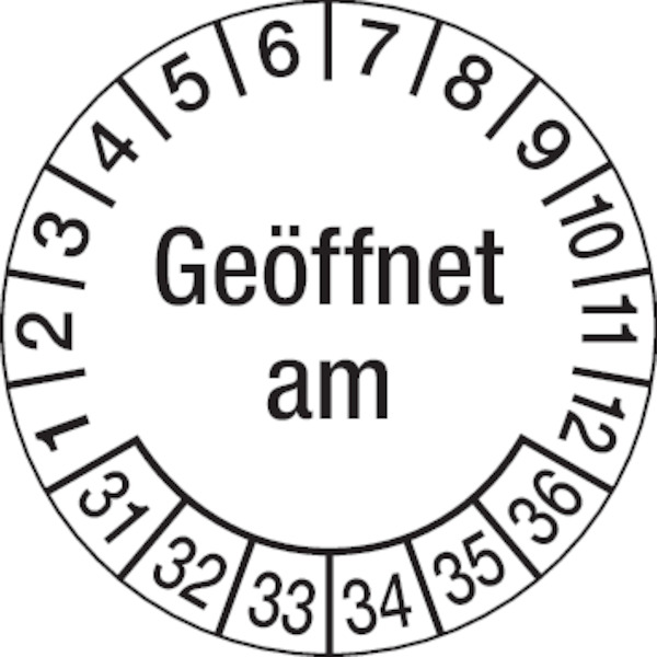 Prüfplakette, Geöffnet am, Ø 30 mm, Dokumentenfolie - Bogen = 10 Stück