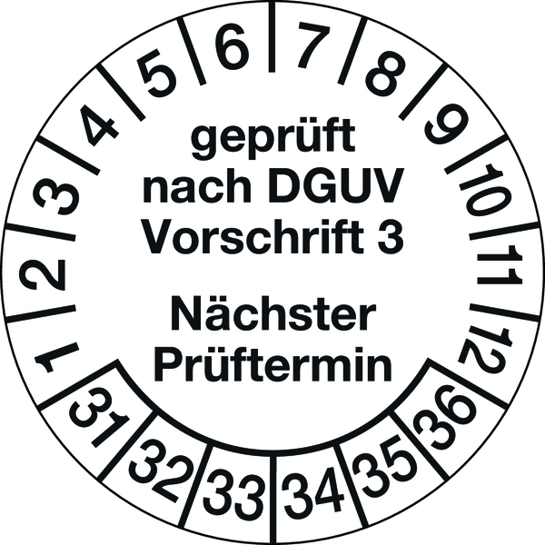 Prüfplakette, DGUV Vorschrift 3 Nächster Prüftermin, Jahresfarben, Ø20mm, Folie - Bogen = 10 Stück