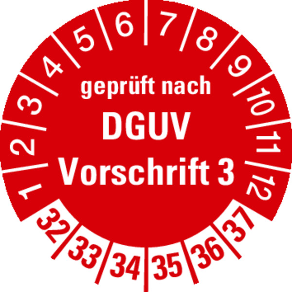 Prüfplakette, geprüft nach DGUV Vorschrift 3, rot/weiß, Ø 30 mm - Bogen = 10 Plaketten