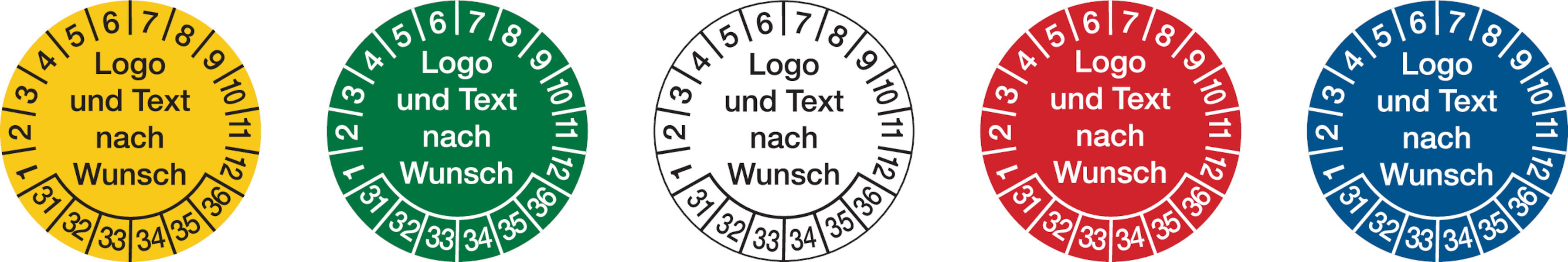 Prüfplaketten, Logo und Text nach Wunsch, Folie, Ø 20 - 40 mm - Bogen = 10 Stk.