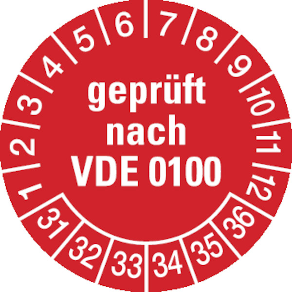 Prüfplakette, geprüft nach VDE 0100, rot/weiß, Folie, Ø 30 mm - Bogen = 10 Plaketten