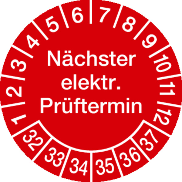 Prüfplakette, Nächster elektr. Prüftermin, rot/weiß, Folie, Ø 30 mm - Bogen = 10 Plaketten 436532_ef.jpg
