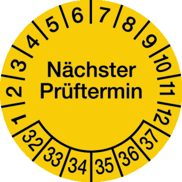 Prüfplakette, Nächster Prüftermin, Graspapier, gelb/schwarz, Ø 30 mm - Bogen = 10 Plaketten 463132_ef.jpg