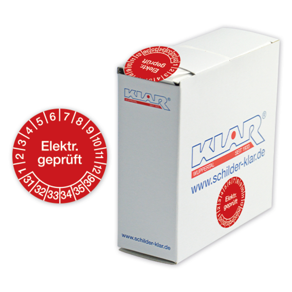 Prüfplakette, Elektr. geprüft, rot/weiß, Folie, Ø 30 mm - Spenderbox à 500 Stück