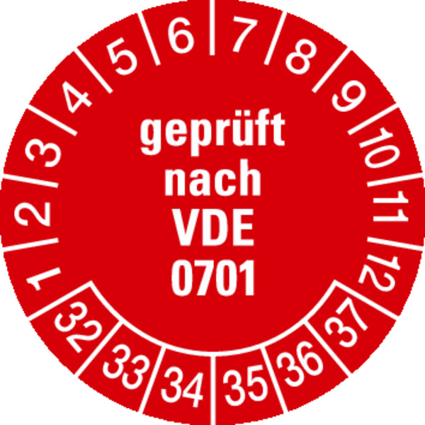 Prüfplakette, geprüft nach VDE 0701, rot/weiß, Ø 30 mm - Bogen = 10 Plaketten