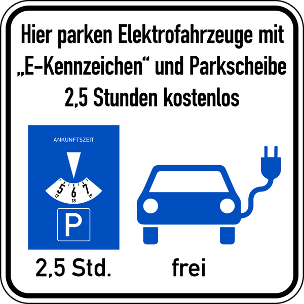 Parkplatzschild, E-Auto und Parkscheibe