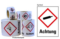 Gefahrstoffetiketten - Gasflasche (GHS04) & Signalwort "Achtung" - Rolle à 500 Stück