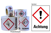 Gefahrstoffetiketten - Ausrufezeichensymbol (GHS07) & Signalwort "Achtung" - Rolle à 500 Stück