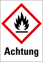 Gefahrstoffetiketten - Flamme (GHS02) & Signalwort "Achtung" - Bogen à 16 Stück