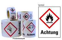 Gefahrstoffetiketten - Flamme (GHS02) & Signalwort "Achtung" - Rolle à 500 Stück