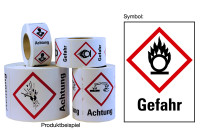 Gefahrstoffetiketten - Flamme über einem Kreis (GHS03) & Signalwort "Gefahr" - Rolle à 500 Stück