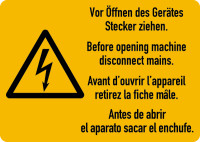 Warnschild, Vor Öffnen des Gerätes Stecker ziehen (4-sprachig), Folie
